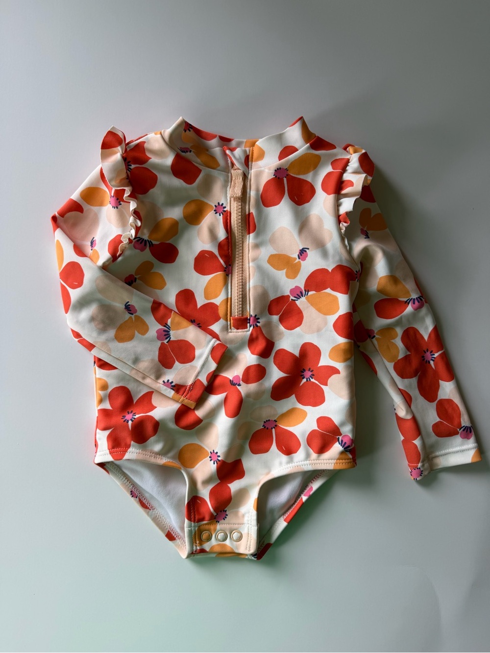 Carter Long-Sleeve Floral Rash Guard Swimsuit - Cream with Orange & Pink Flowers